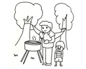 小朋友和爸爸去戶外野炊燒烤的簡筆畫圖片